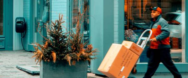 Same Day Shipping with Bison Disc delivery man hauling boxes on a trolley